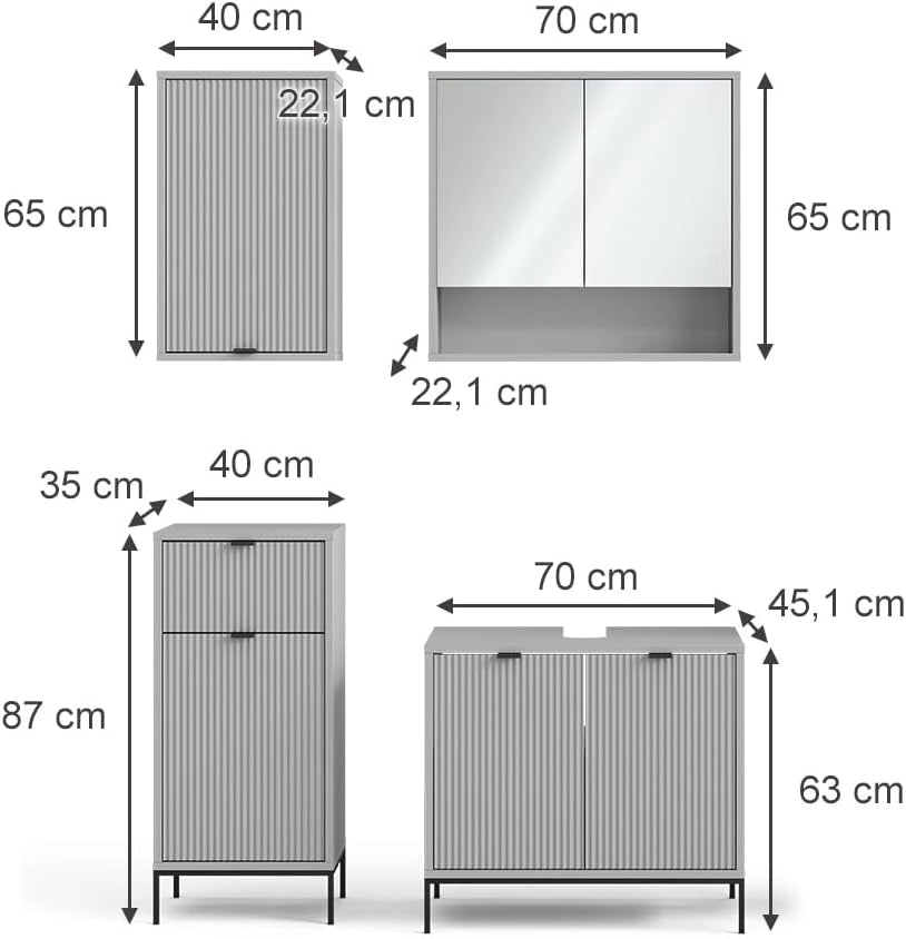 Set di mobili da bagno Eliza, Grigio, 70 cm, composto da mobile sottolavabo, specchiera, armadio medio e pensile