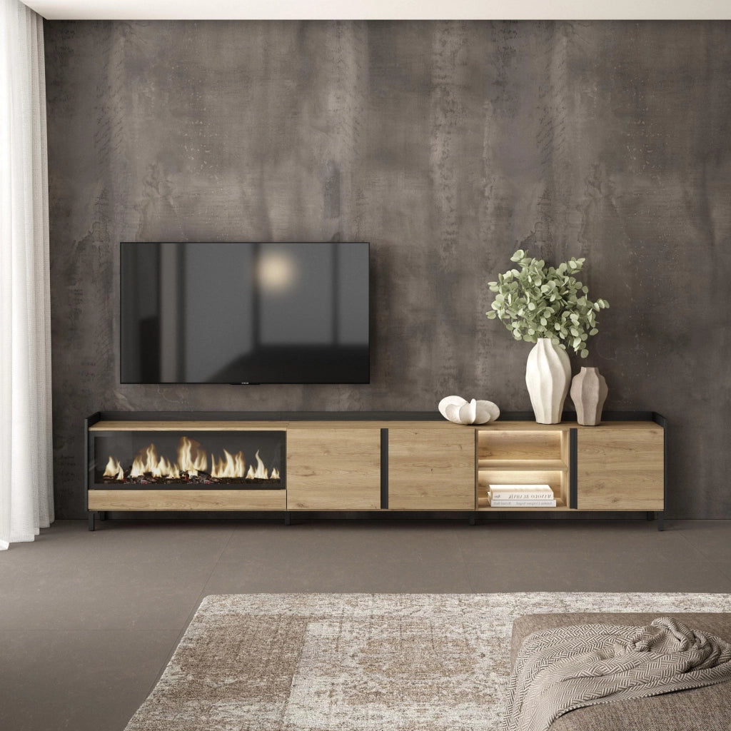 Mobile TV Soggiorno, 315x61x35 cm, Per TV fino a 80", Camino elettrico XXL, Design industriale, LED, Rovere e nero