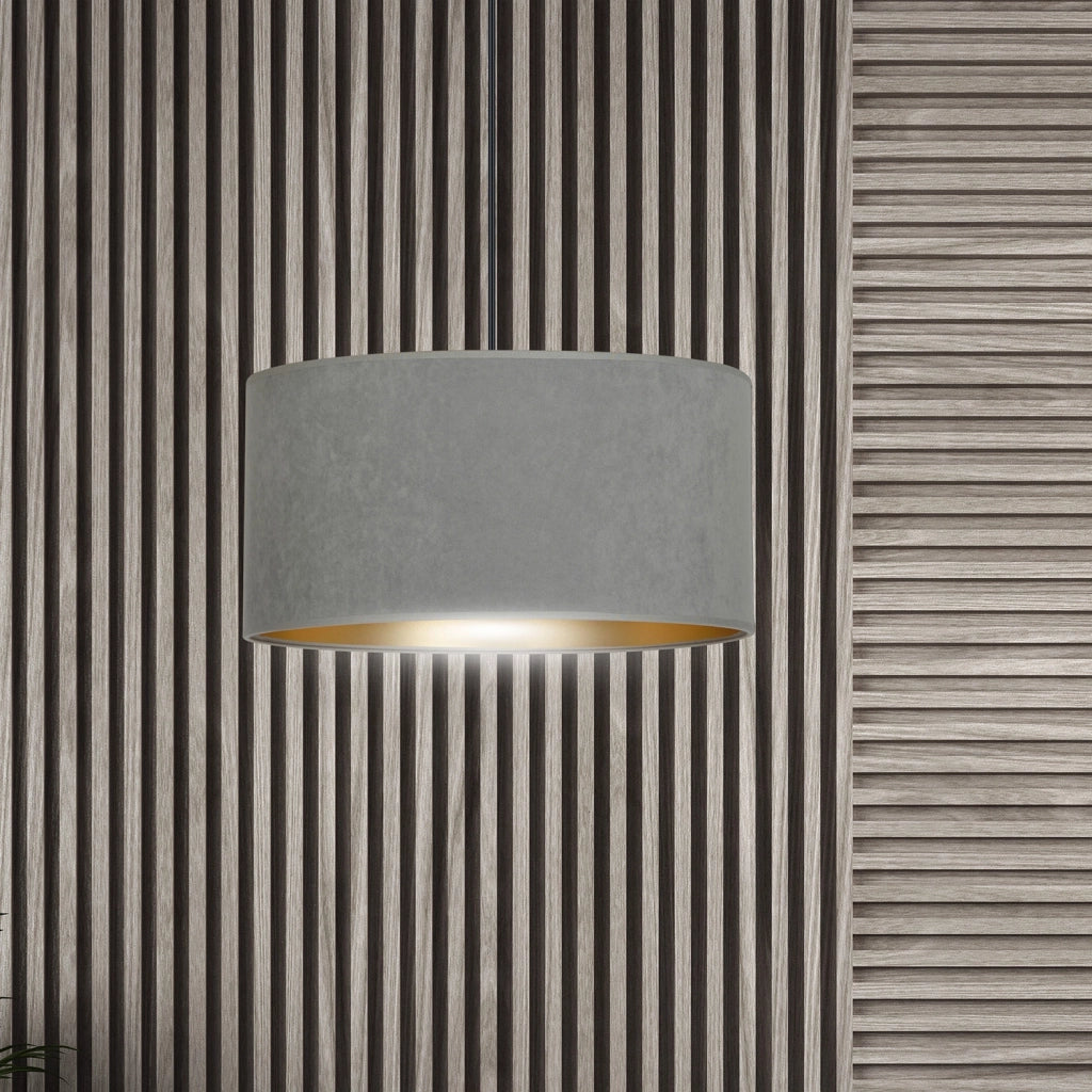 Sospensione 1 Luce Ganesha In Acciaio Nero E Paralume In Tessuto Grigio