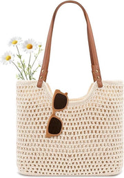 Borsa da spiaggia con chiusura a maglia, borsa da donna per estate, stile bohemian con schiena con impermeabilizzazione, adatta per viaggi di vacanza, borsa intrecciata