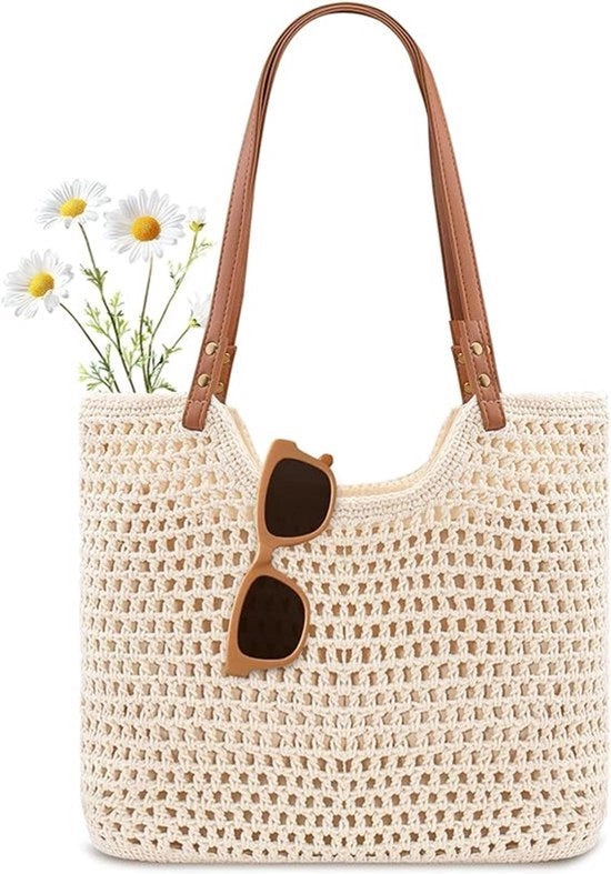 Borsa da spiaggia con chiusura a maglia, borsa da donna per estate, stile bohemian con schiena con impermeabilizzazione, adatta per viaggi di vacanza, borsa intrecciata
