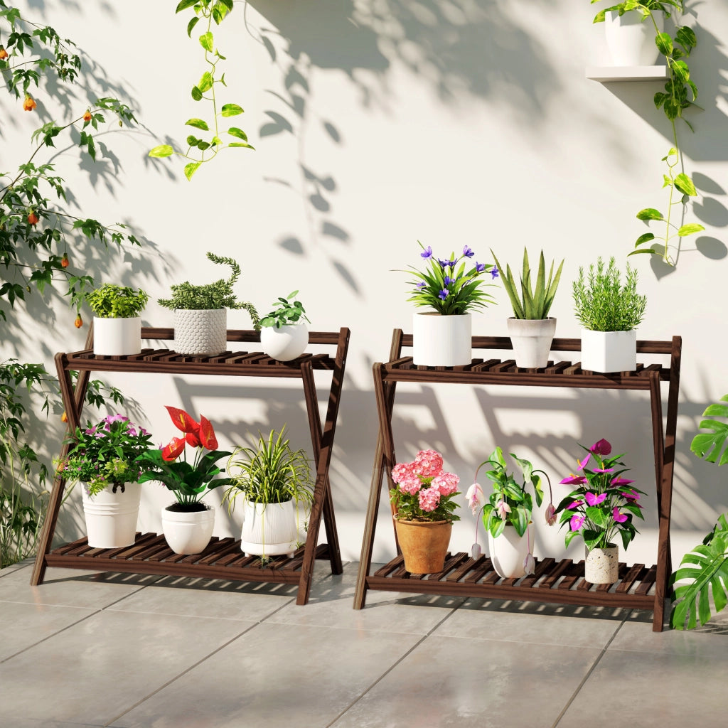 Set 2 Portapiante a 2 Livelli con Design a Doghe in Legno di Abete, 73x36x64 cm, Marrone Bruciato