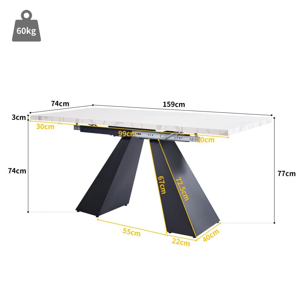 Tavolo da pranzo per 4 persone allungabile con piano effetto marmo e 4 sedie in velluto, struttura in MDF e metallo, bianco