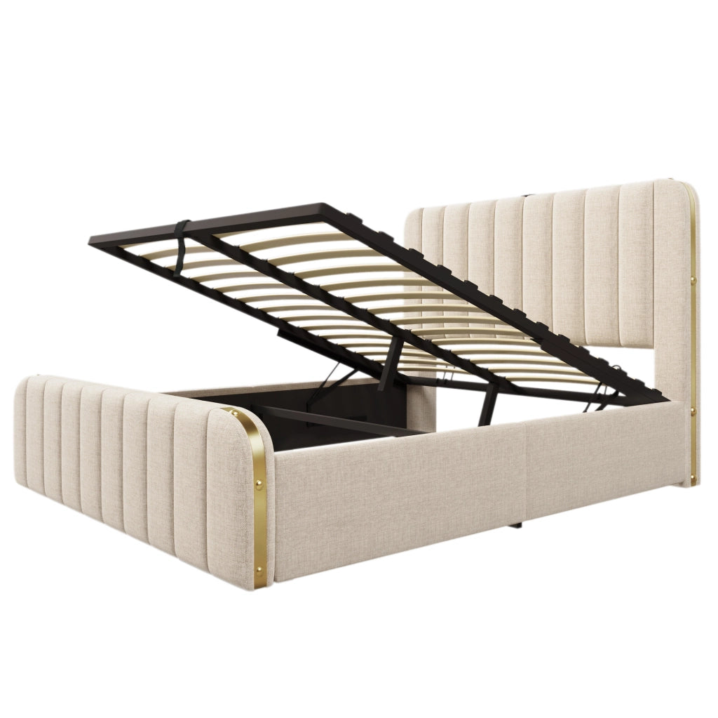 Letto matrimoniale imbottito 140x200 cm in lino beige con USB Type-C; contenitore e materasso H3