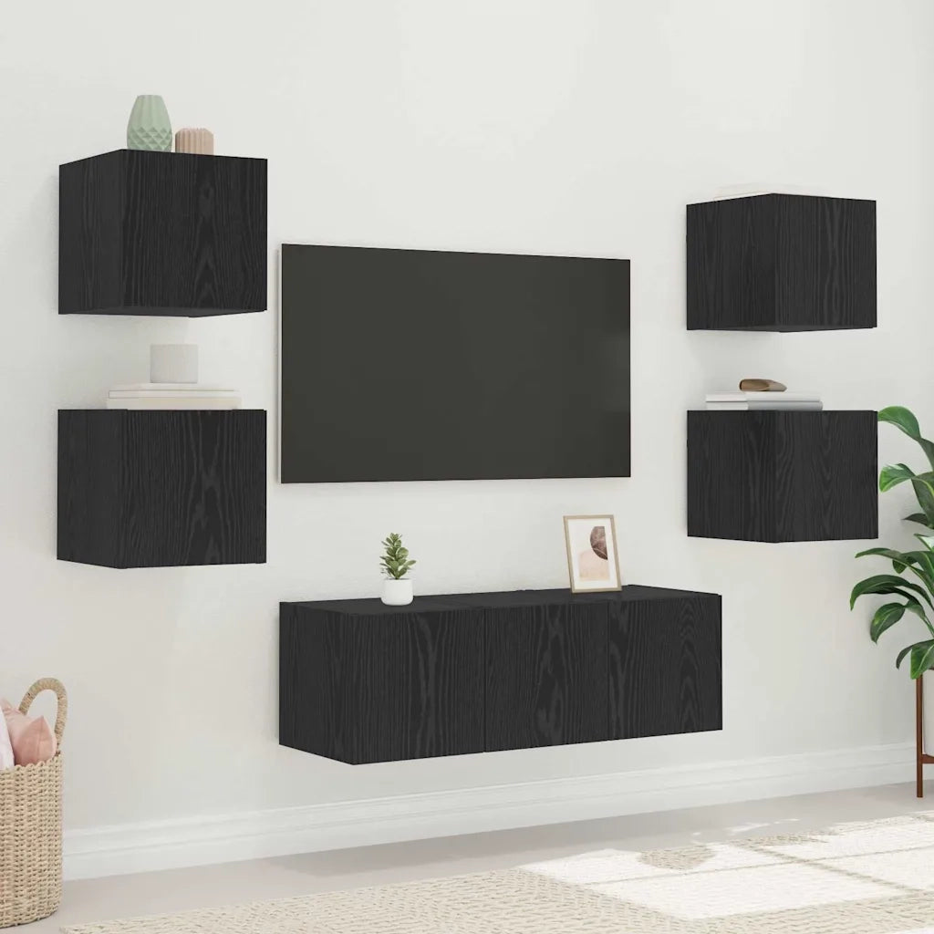 Mobile TV da parete con LED Rovere Nero 30,5 x 35 x 30 cm