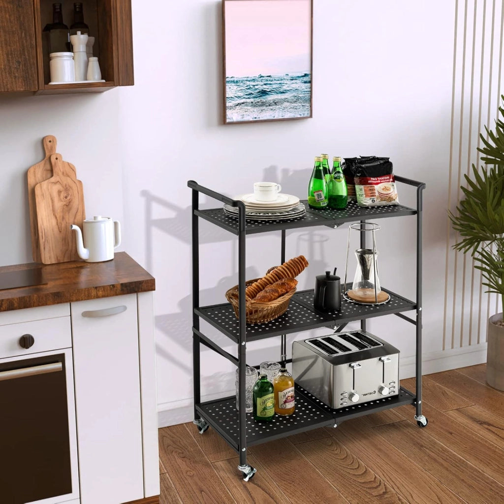 Scaffale Pieghevole con Ruote, Carrello Portaoggetti in Metallo con 3 Ripiani e 2 Ruote Bloccabili, per Cucina Soggiorno Garage, 72,5x33x93,5 cm (3 Livelli)