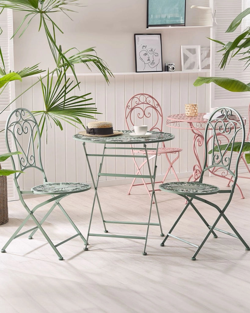 Set da esterno di 2 sedie Ornamenti vintage verniciati a polvere di metallo verde