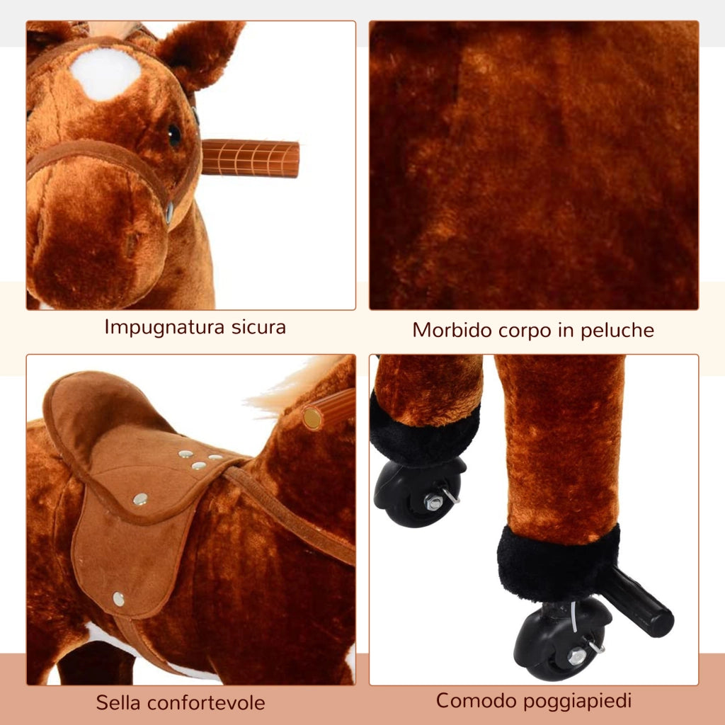 Cavallo a Dondolo per Bambini 2+ Anni con 4 Rotelle e Suoni Realistici, Dondolo per Bambini Imbottito con Poggiapiedi, 65x28x75 cm, Marrone