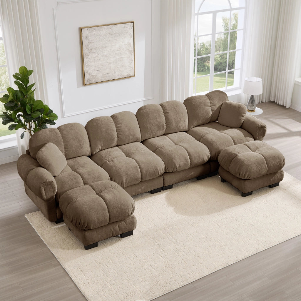 Divano ad angolo modulare a U con seduta confortevole e cuscini mobili in chenille marrone 330 × 149 × 90 cm