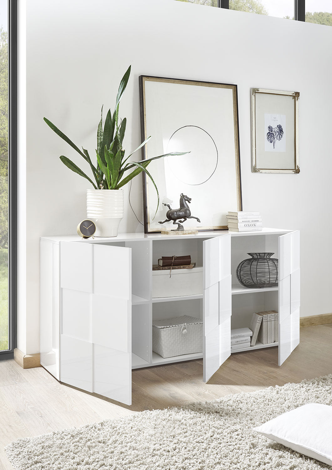 Madia Moderna 3 Ante Design a Scacchi Modello Dama 181x42x84 cm Bianco Lucido