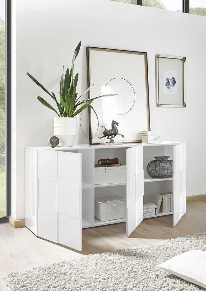 Madia Moderna 3 Ante Design a Scacchi Modello Dama 181x42x84 cm Bianco Lucido