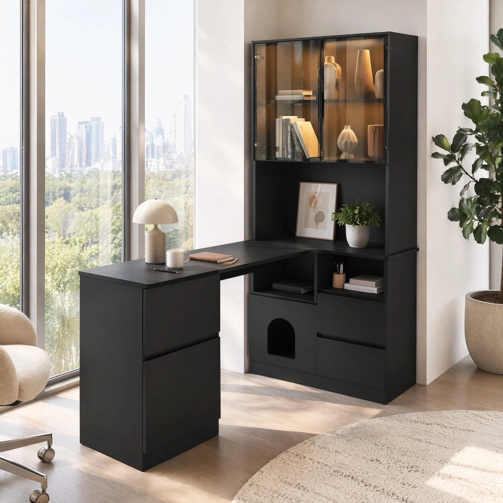 Scrivania ad angolo 120×80×180 cm con libreria integrata e vetrina LED, 3 cassetti, 2 ante, nero