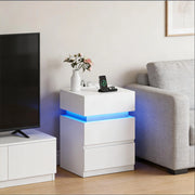 Comodino con LED, stazione di ricarica, 2 cassetti e vano a ribalta, per camera da letto, bianco 35 × 40 × 55 cm
