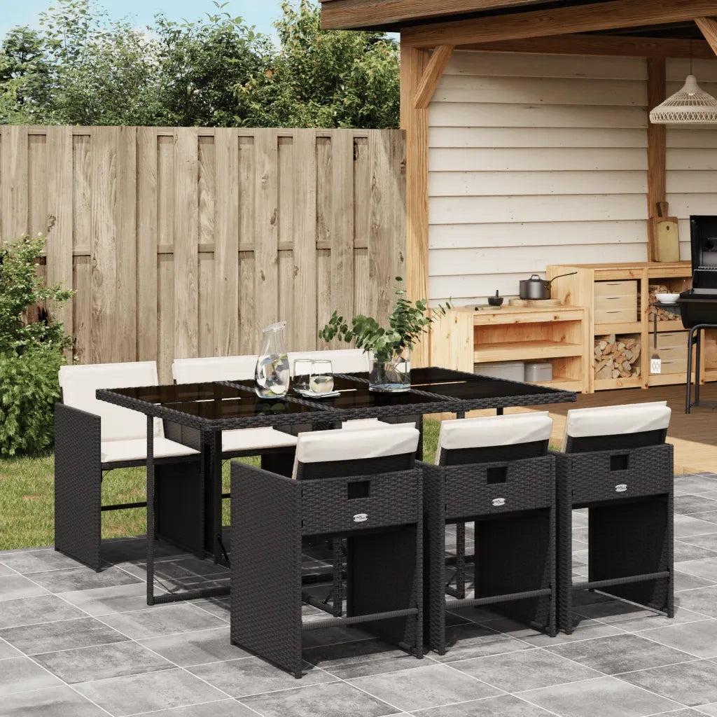 Set da Pranzo da Giardino 7 pz | Set Salotto da Giardino Nero con Cuscini in Polyrattan