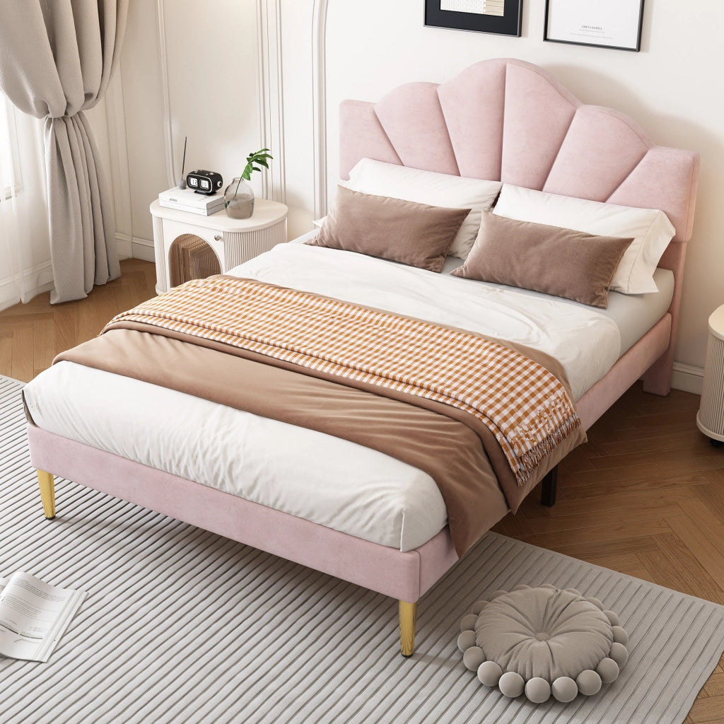 Letto imbottito in velluto rosa 140x190 cm con testiera regolabile e rete a doghe in legno