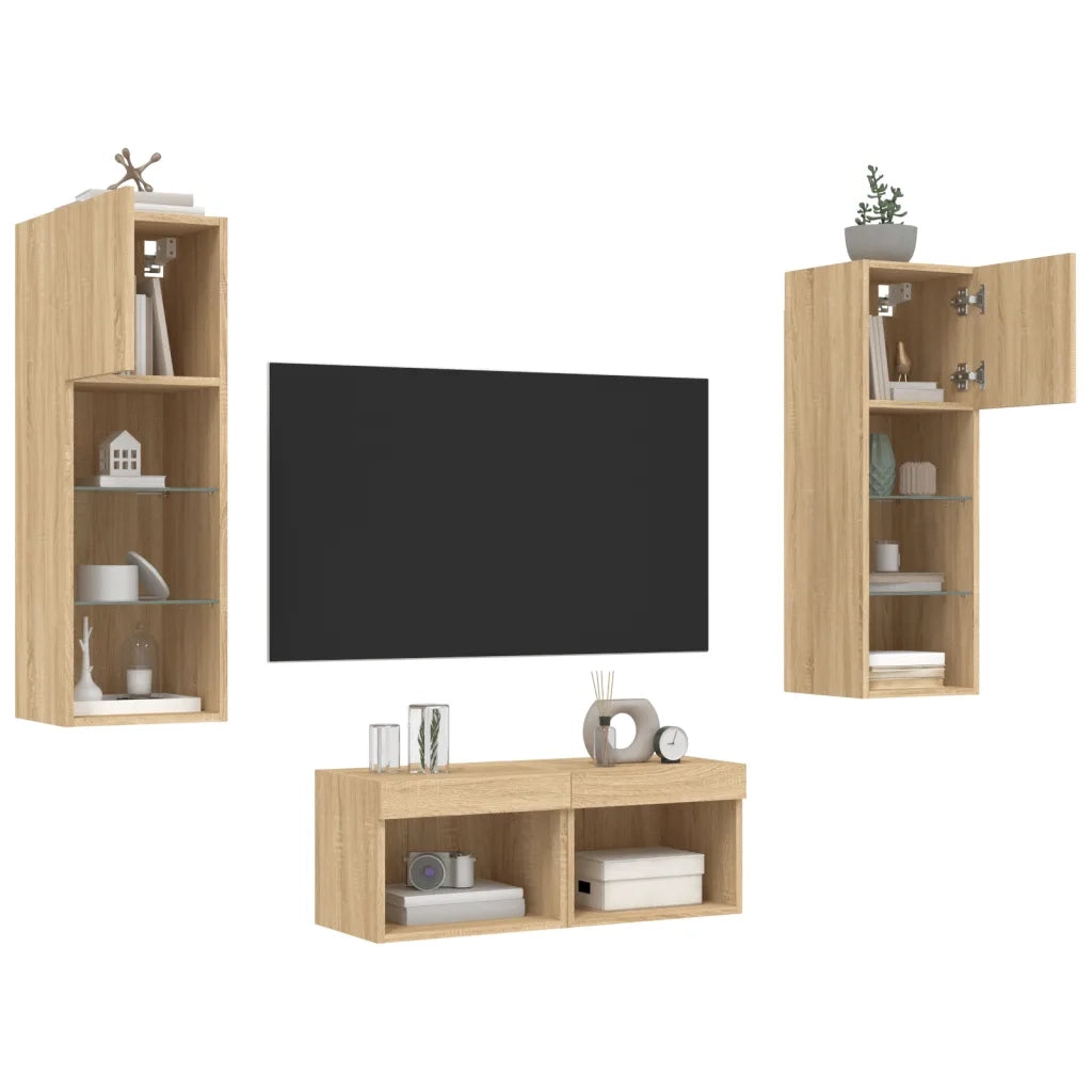 Mobili TV a Muro 4pz con Luci LED Rovere Sonoma 3216578