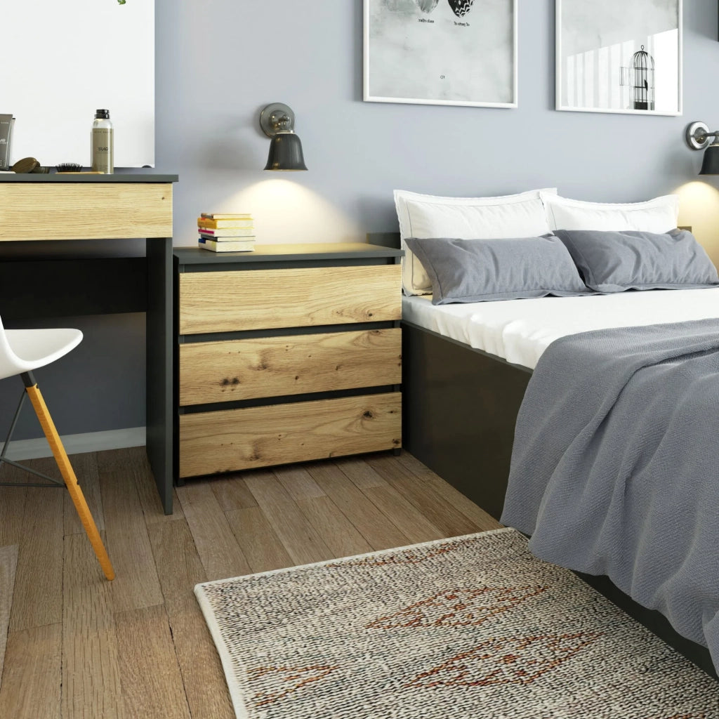 Comodino AKORD CL3 Grigia Grafite 60 cm 3 cassetti inserto frontale Quercia Artisan 60x35x57 cm