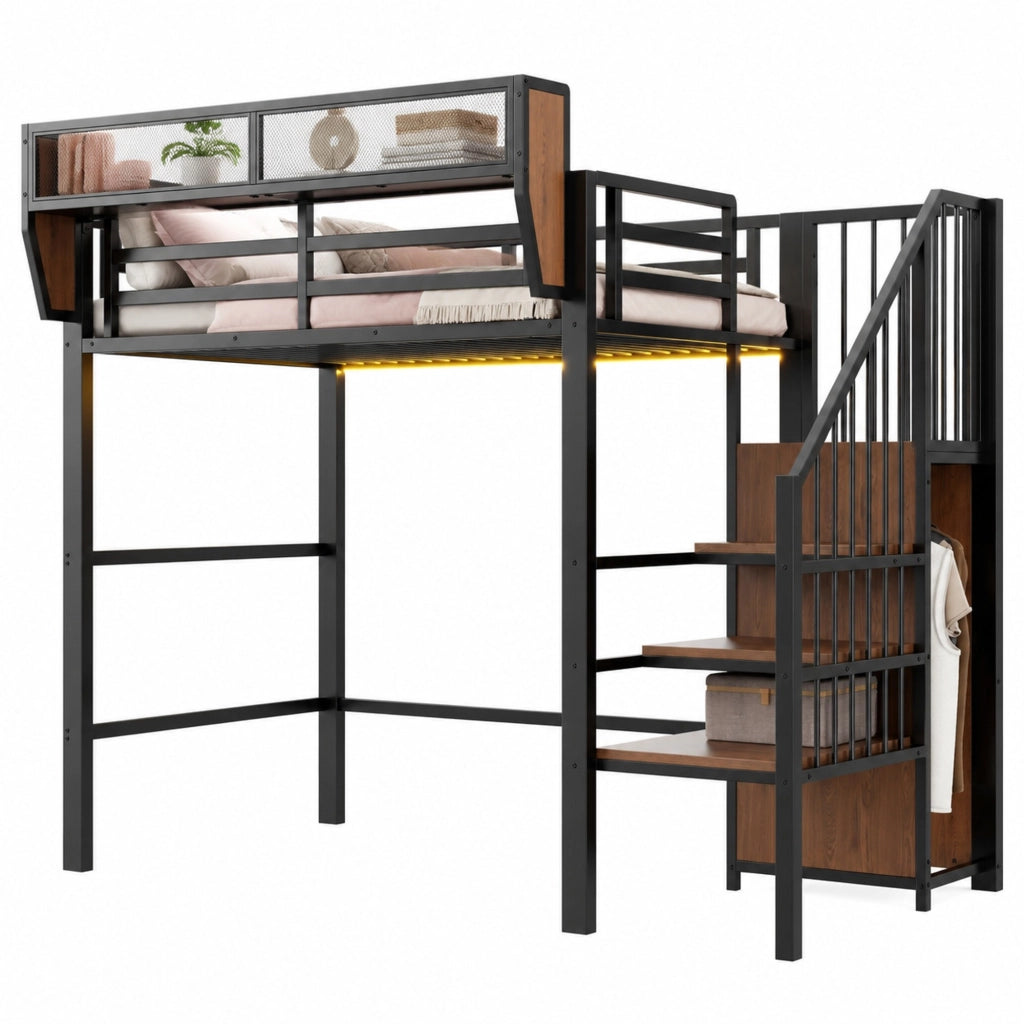 Letto a soppalco singolo 90×200 cm con LED; scala e ripiani salvaspazio; senza materasso; metallo; nero