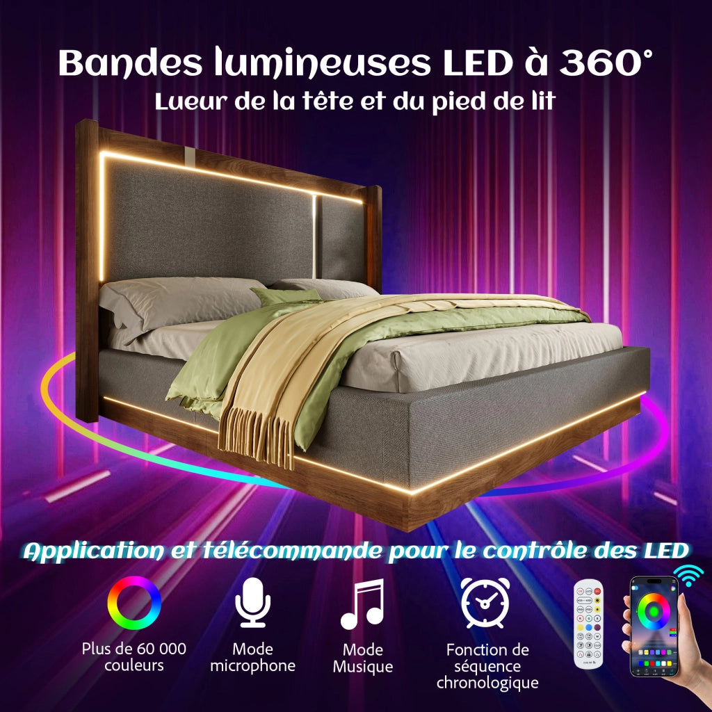 Letto giovane 90x200 LED idraulico lino grigio/noce