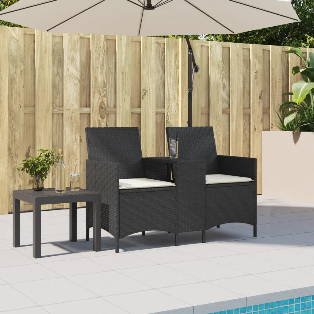 vidaXL Divano da Giardino a 2 Posti Tavolo Cuscini Nero in Polyrattan