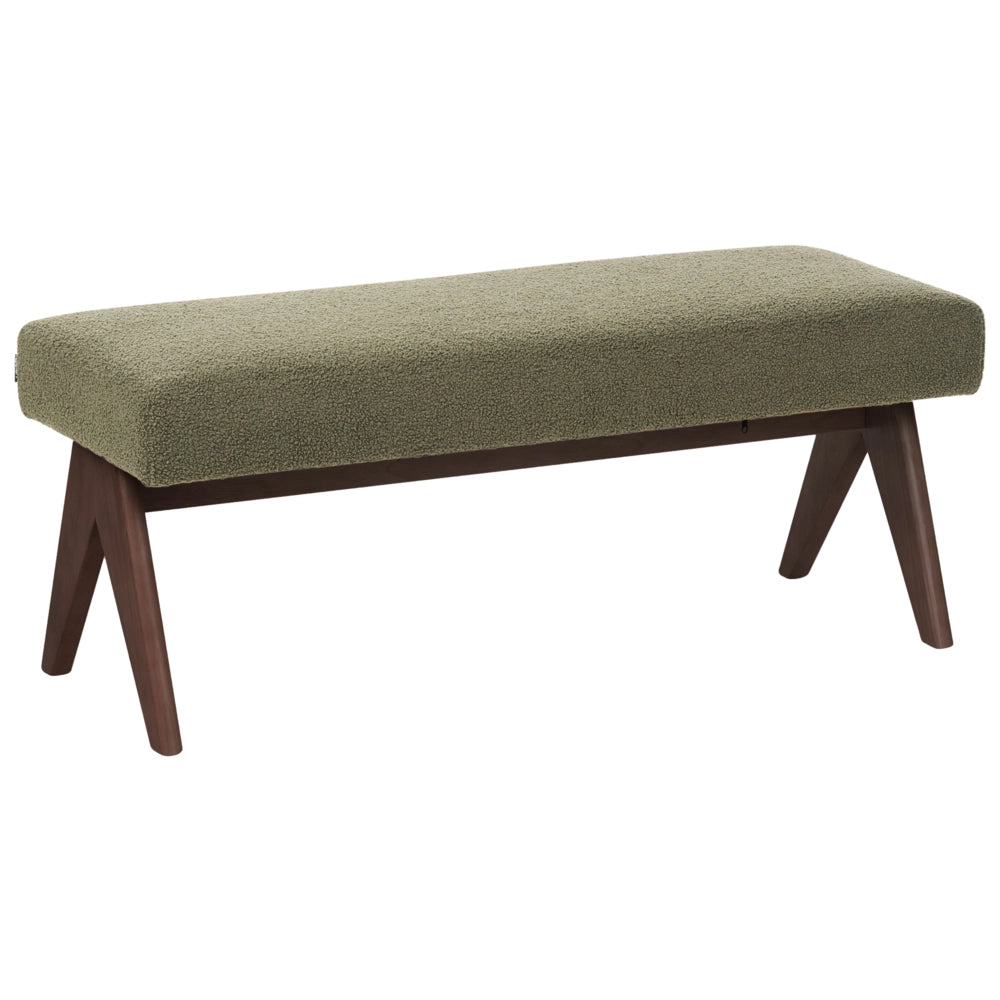 Panca Boucle Verde e marrone scuro con gambe in legno imbottite Panca per corridoio e panca da letto
