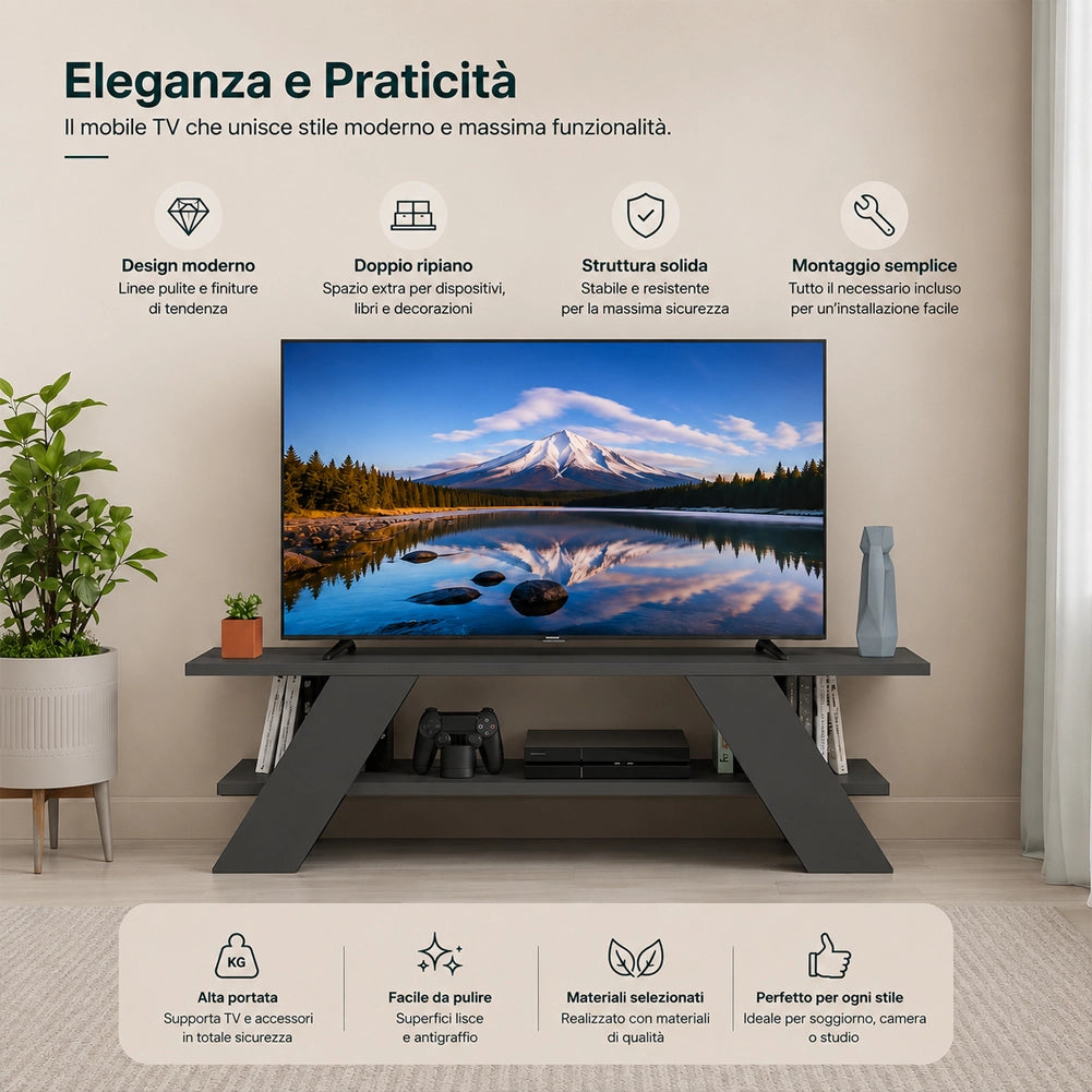 Mobile Porta Tv Moderno da Soggiorno Antracite in Legno Resistente 120x33.5x40cm