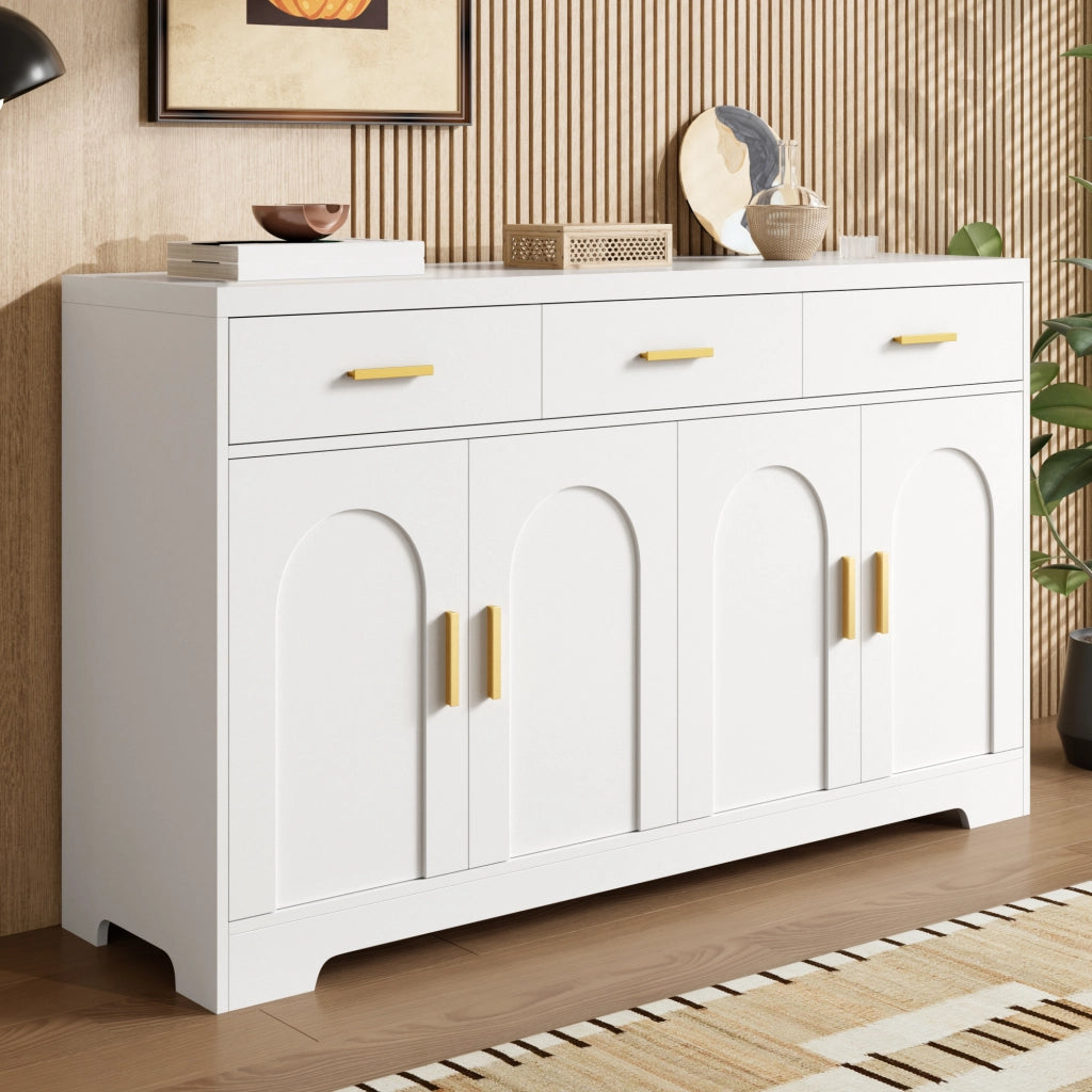 Credenza con 4 ante ad arco, 3 cassetti e ripiani regolabili, per soggiorno, in MDF bianco 140 × 40 × 83 cm