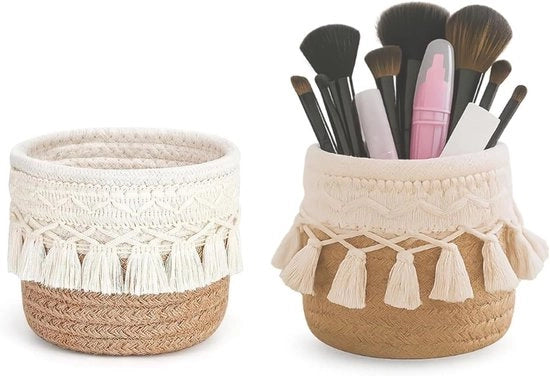 Due contenitori per pennelli a forma di gamba, cesta decorativa boho per l'organizzazione di cosmetici con spazzole per tavolo di trucco, mini contenitore per il trucco per l'archiviazione di pennelli per trucco