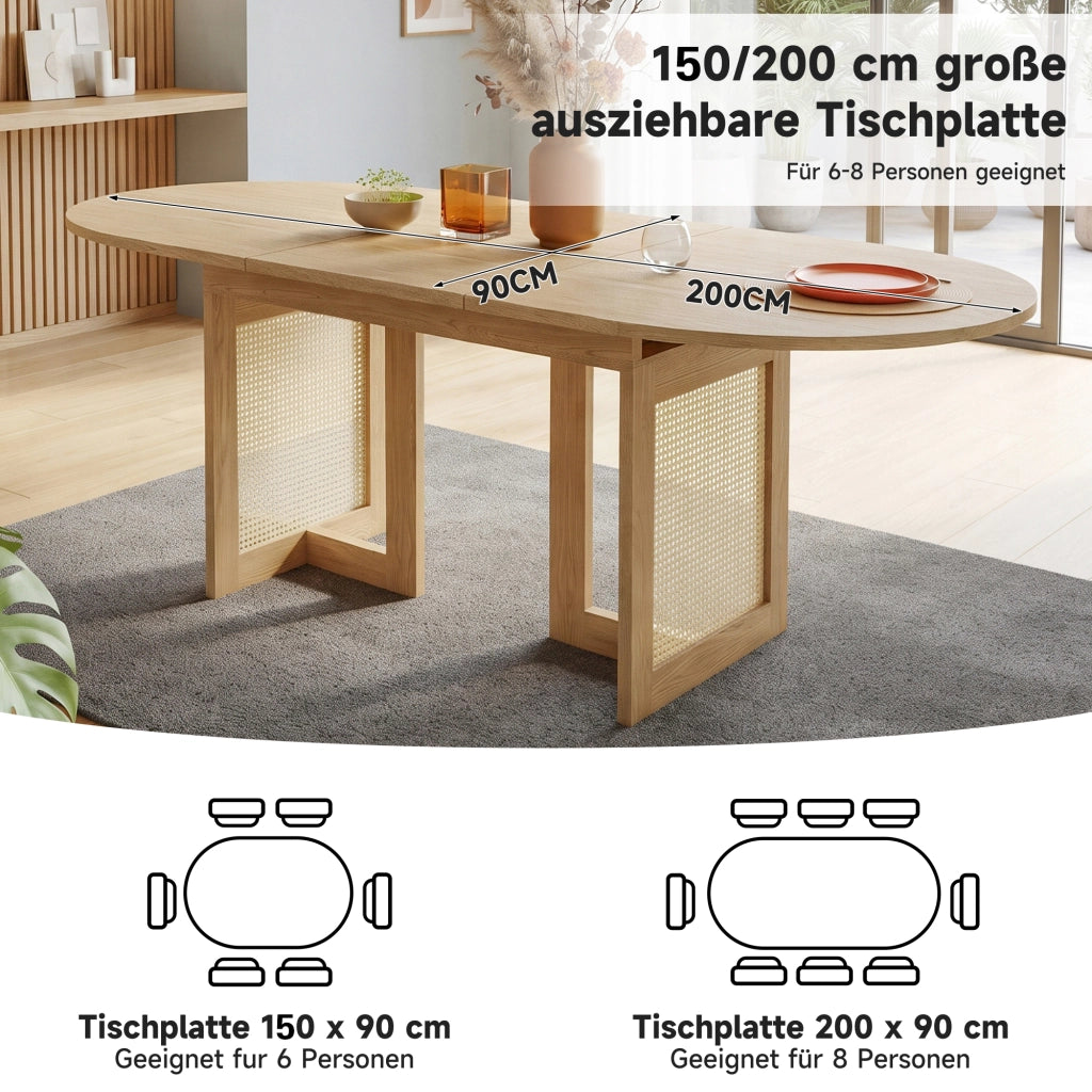 Tavolo da pranzo allungabile per 6-8 persone con bordi arrotondati, gambe effetto rattan, in MDF, rovere
