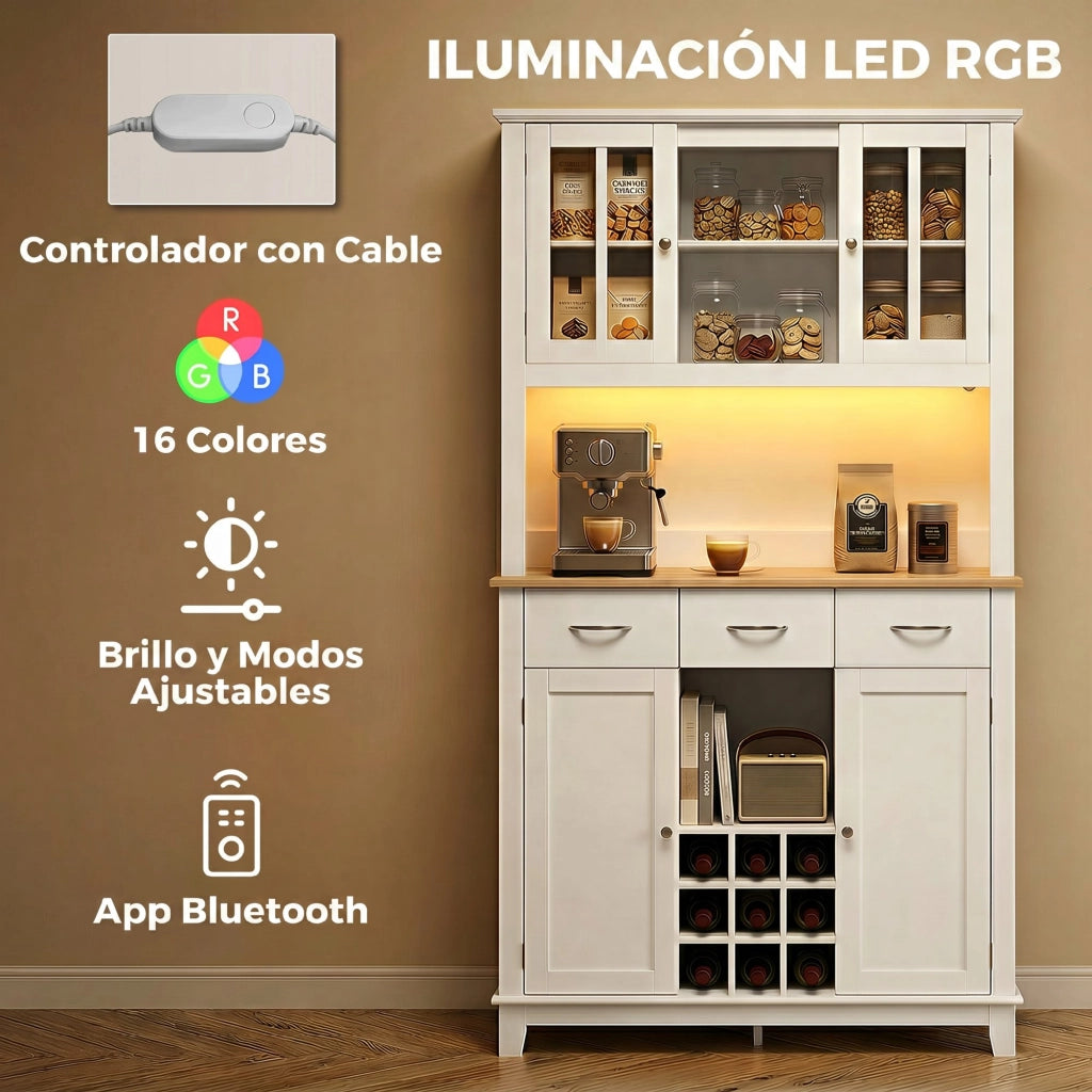 Armadio da Cucina con Porte Vetro e Illuminazione LED ¨C Zephmum ¨C Bianco