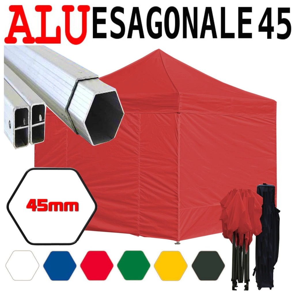 Gazebo 3x3 m rosso pieghevole alluminio piantone esagonale 45mm portatile estendibile richiudibile estensibile acciaio con laterali per fiere eventi stand chiosco tenda tendone mercato mercatino