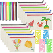 Etui per stoffe DIY, set di 12 borse di tela per dipingere, sacchetto di stoffa con cerniera, bianco con 12 matite colorate, 4 stencil per colorare per hobby.