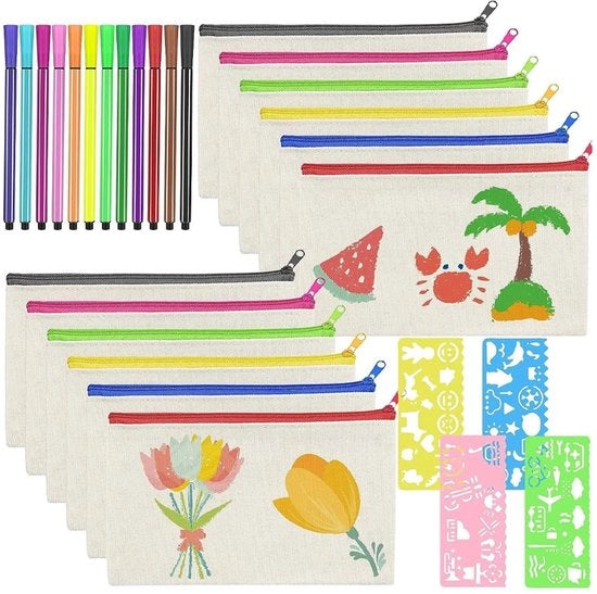 Etui per stoffe DIY, set di 12 borse di tela per dipingere, sacchetto di stoffa con cerniera, bianco con 12 matite colorate, 4 stencil per colorare per hobby.