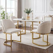 Set di 4 sedie da pranzo in Chenille Beige e Oro, con doppio schienale e gambe in metallo galvanizzato