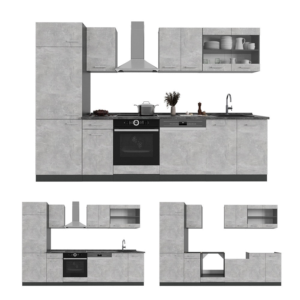 Cucina componibile R-Line Calcestruzzo/Antracite 300 cm, PL Rovere Vicco