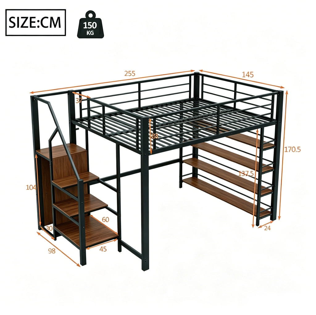Letto a soppalco 140x200 cm con scala contenitore, nero