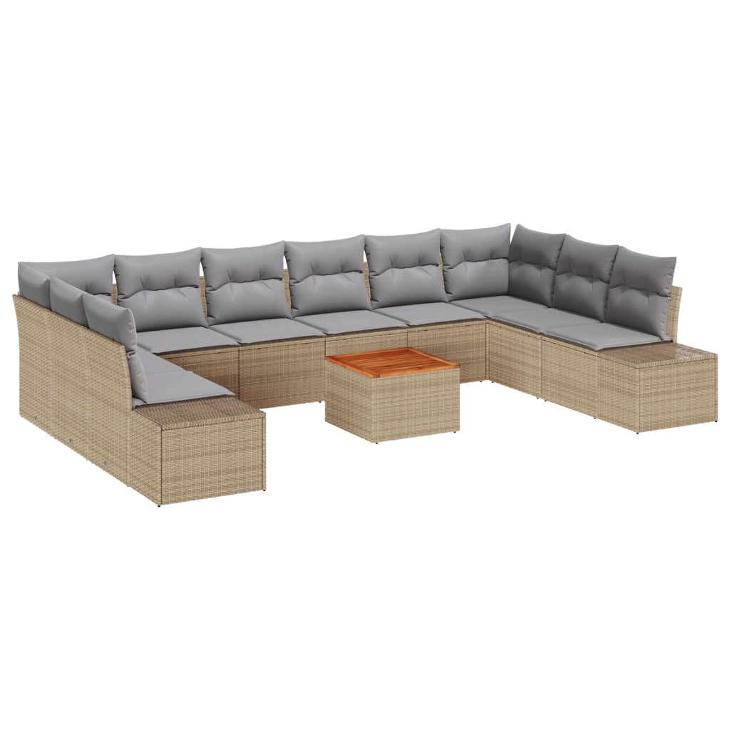 Set da Divano da Giardino da 11 Pezzi con Cuscini Beige in Polyrattan Acacia