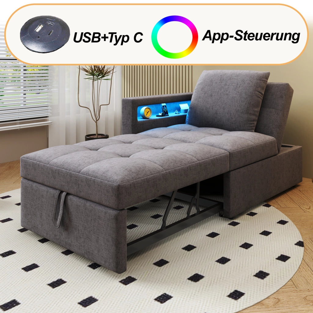 DIVANO LETTO 3 in 1 177x68x65 cm Tessuto di lino Grigio scuro USB/Type-C
