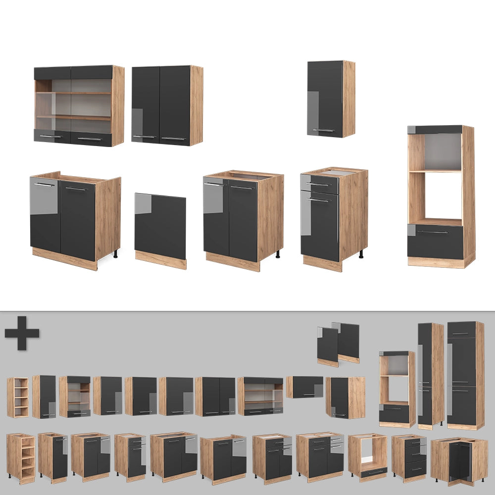 Vicco Cucina componibile Antracite lucido/oro power oak 300 cm con armadio alto, PL Marmo