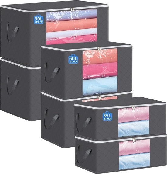 Set di contenitori di stoccaggio da 6 - Grande contenitore per abbigliamento con coperchio - Cassetti di stoccaggio flessibili per coperte, abbigliamento e altro - Disponibili in 35L, 60L e 90L