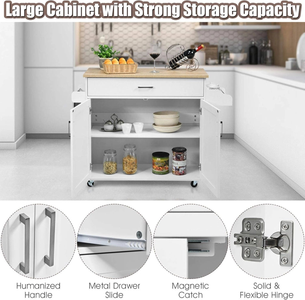 Carrello da Cucina, Credenza Mobile con Cassetto, Anta Doppia, Portaspezie e Portasciugamano, Ripiani Regolabili, Ruote con Freni, Portata di 50 kg, 116x40x85 cm, 4 Colori (bianco)