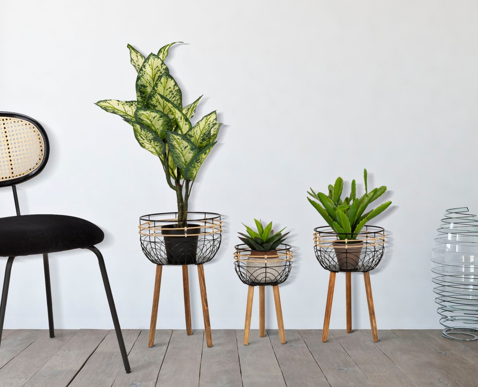 Set 3 Porta Vasi Oporto Ø 35x54,5-30x48-25x41,5 cm in Rattan