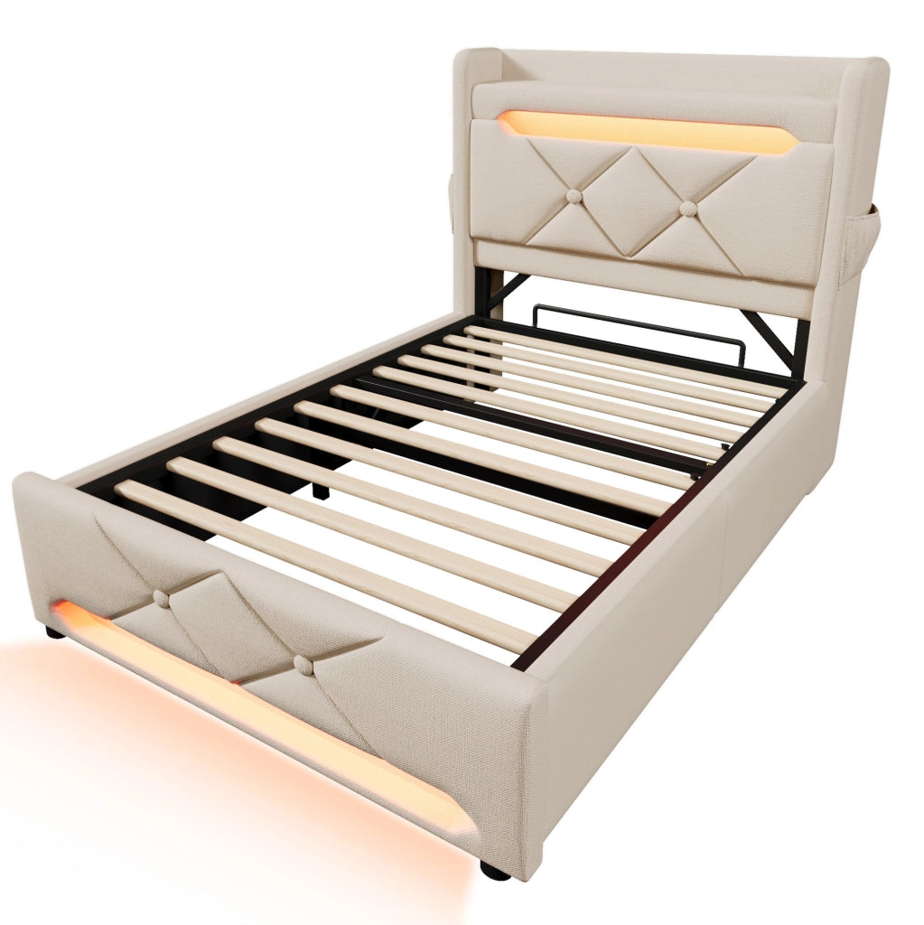 Letto singolo 90x200 cm con LED; 3 USB e USB C; contenitore idraulico; tessuto di lino beige