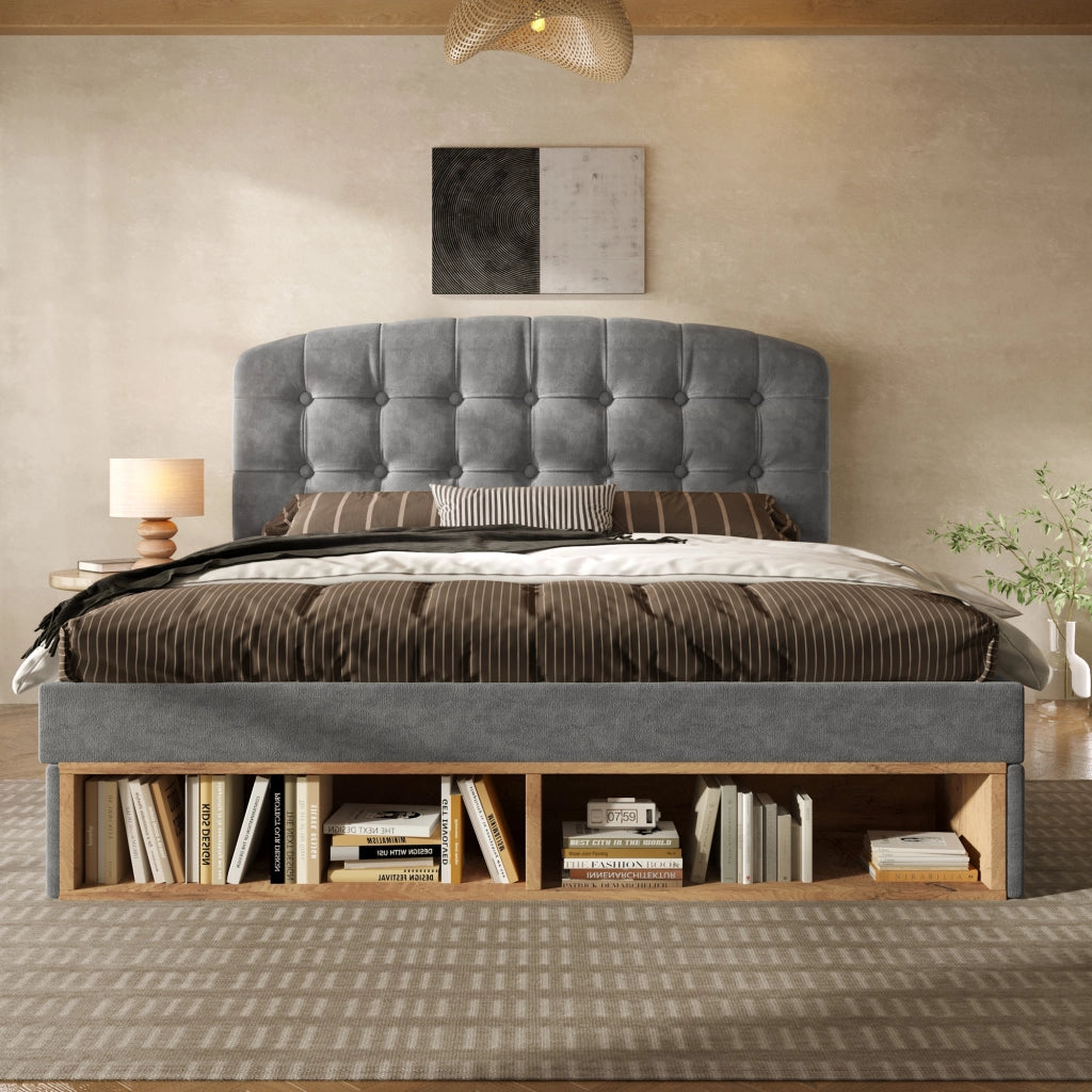 LETTO 90x200 cm Imbottito in Velluto Grigio con Cassetti e Testiera Regolabile