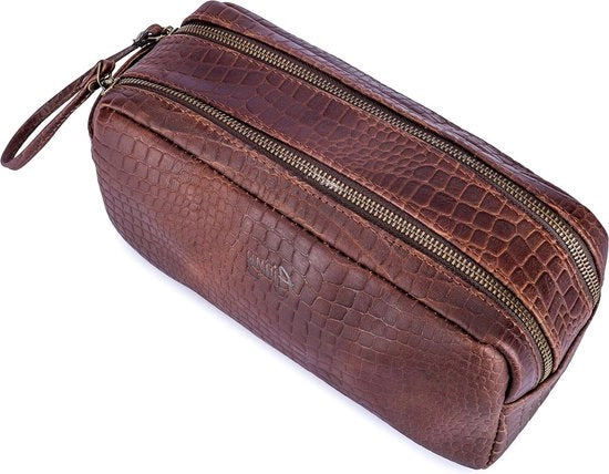 Set di bagno per uomini - Accessori di pelle per viaggio, set di rasatura e doppi, organizzatore compatto per la cura del corpo - Marrone