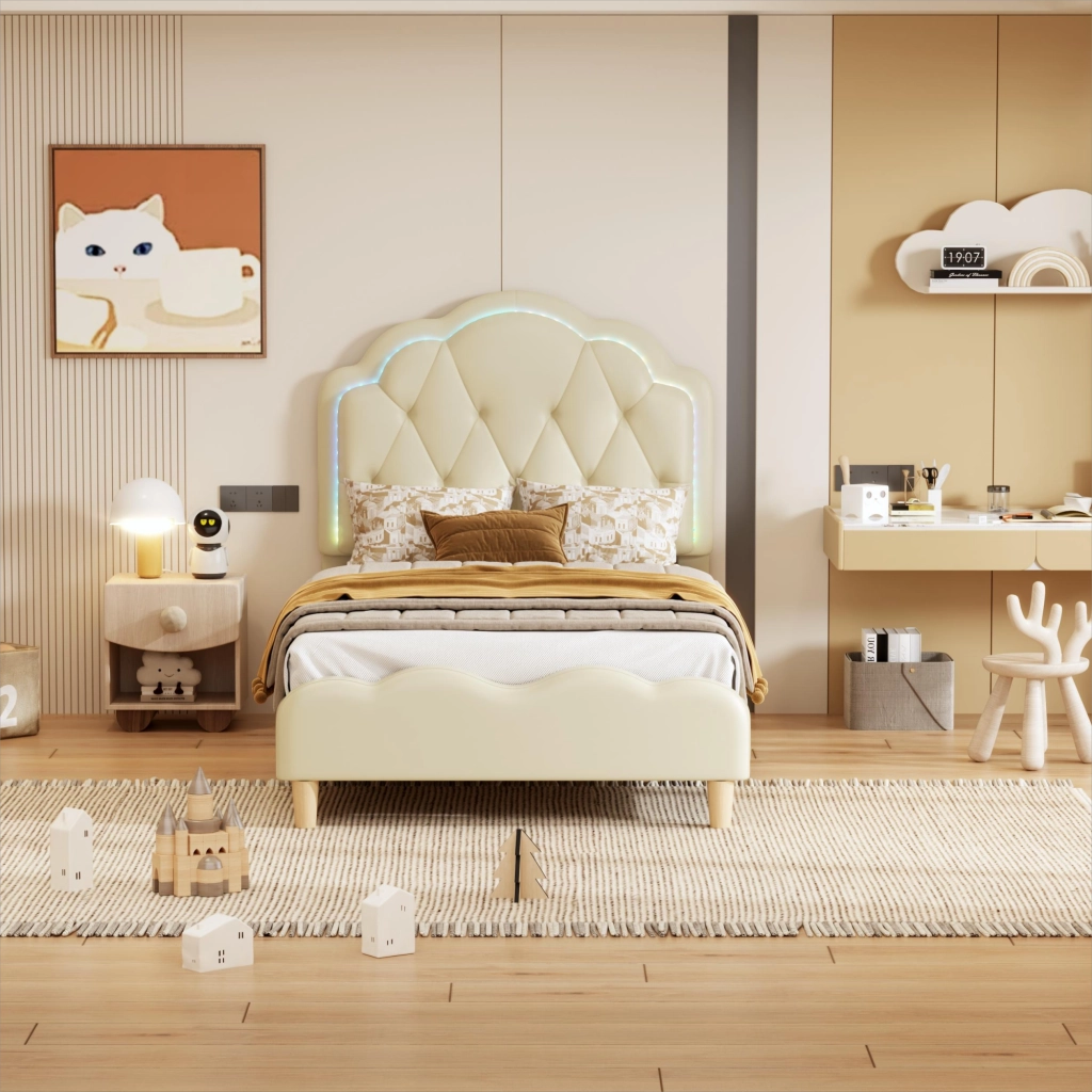 Letto per Bambini Letto Singolo con LED Multicolore e Testiera Ondulata 90×200 cm; senza Materasso; PU; Beige