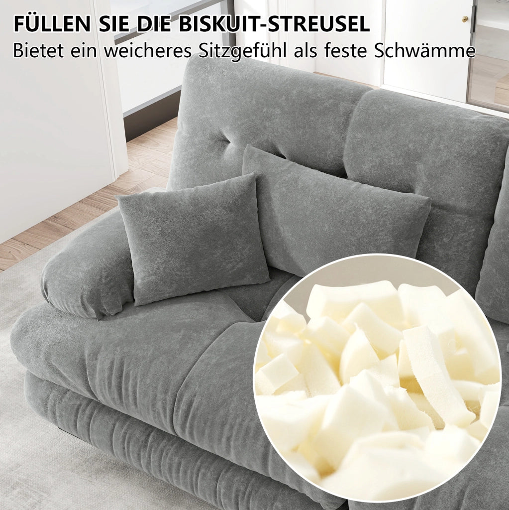 Divano modulare angolare 220x145x81 cm in chenille grigio con ottomane e cuscini