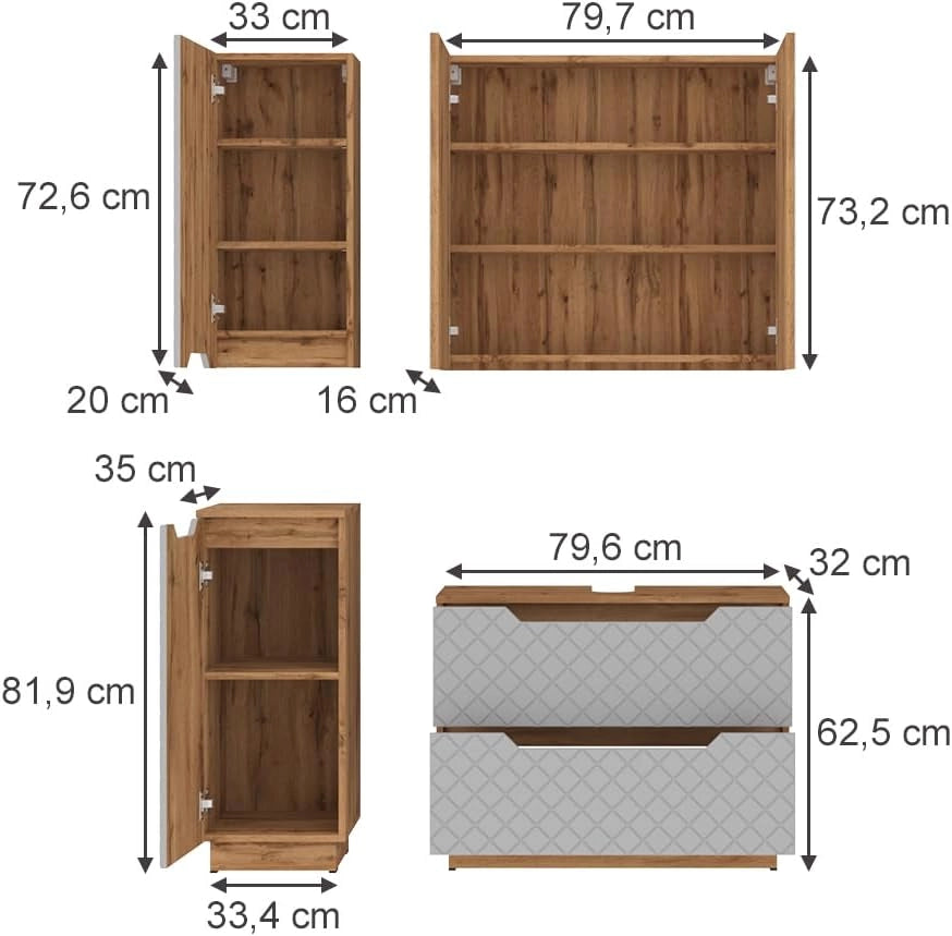 Set di mobili da bagno Lotta, Rovere/grigio con struttura in piastrelle, 4 parti