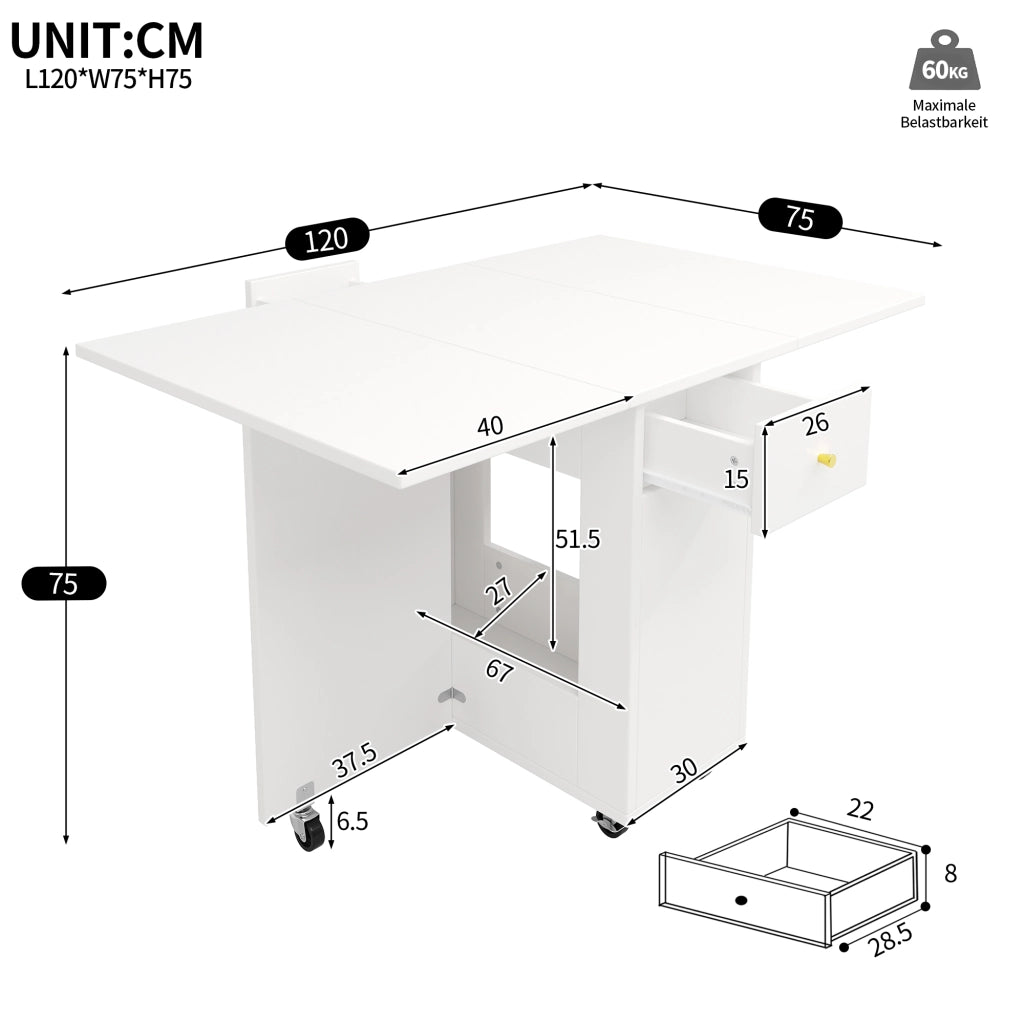 Tavolo da pranzo pieghevole con ripiani aperti, 2 cassetti e ruote, per cucina e soggiorno, bianco, 120 × 75 × 75 cm
