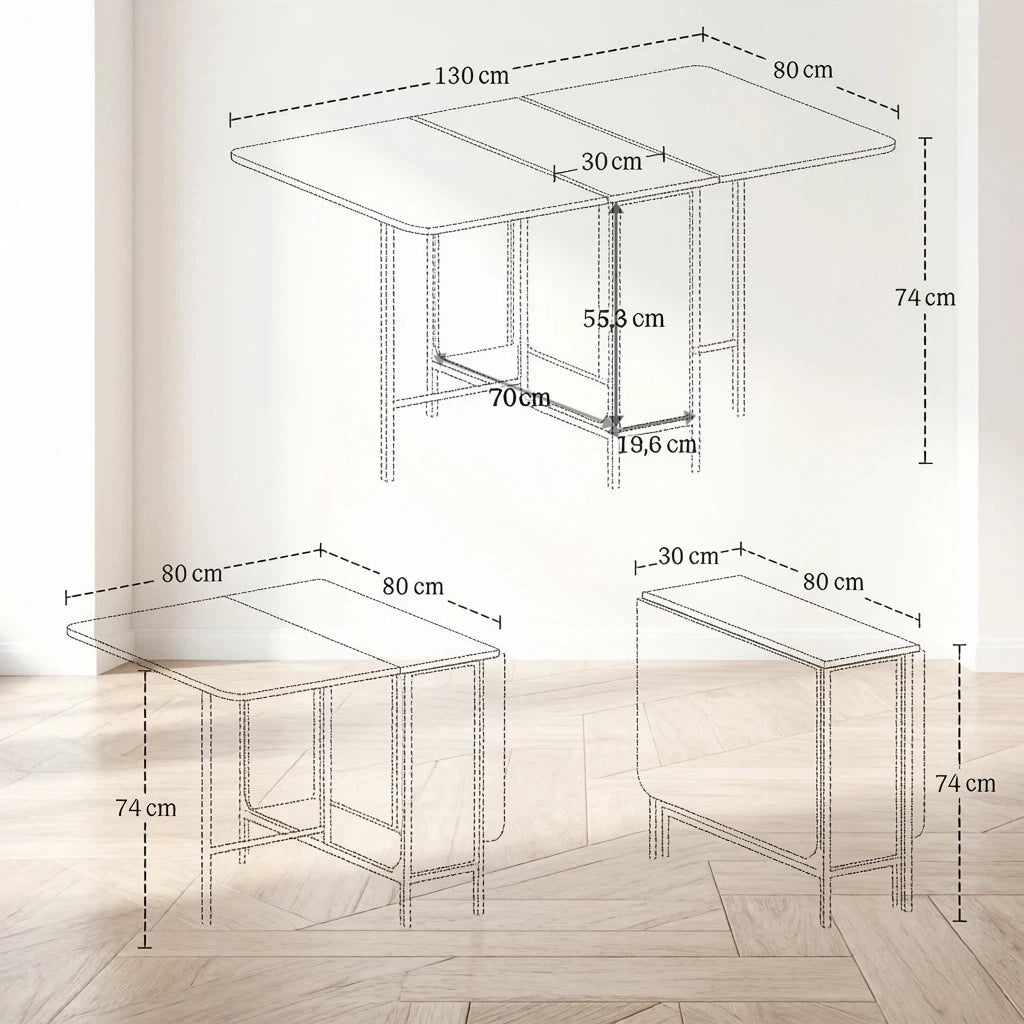 TAVOLO da pranzo pieghevole 130x80x74 cm grigio con ruote e ripiano